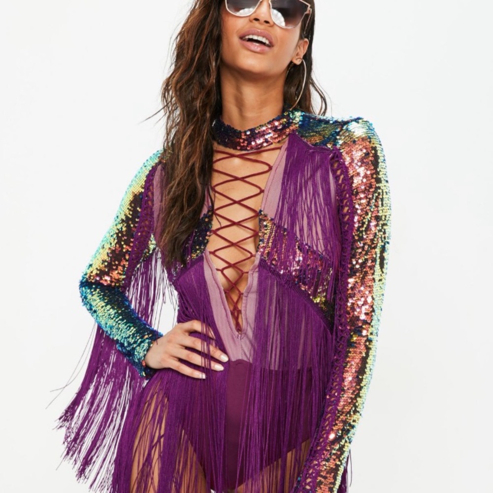 Purple Fringe and Sequin Bodysuit